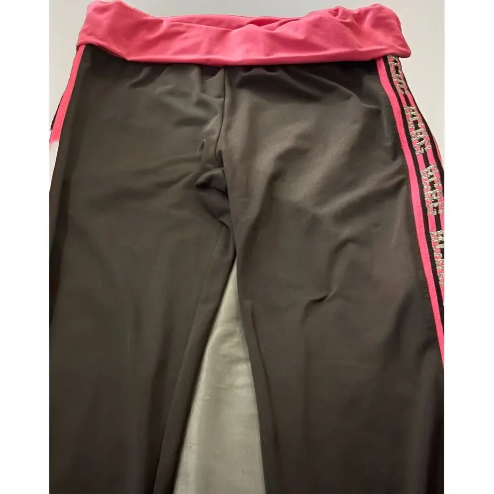 Y2K BCBG Maxazria Foldover Yoga Pants With Glitter Logo, Black & Pink Vintsge M